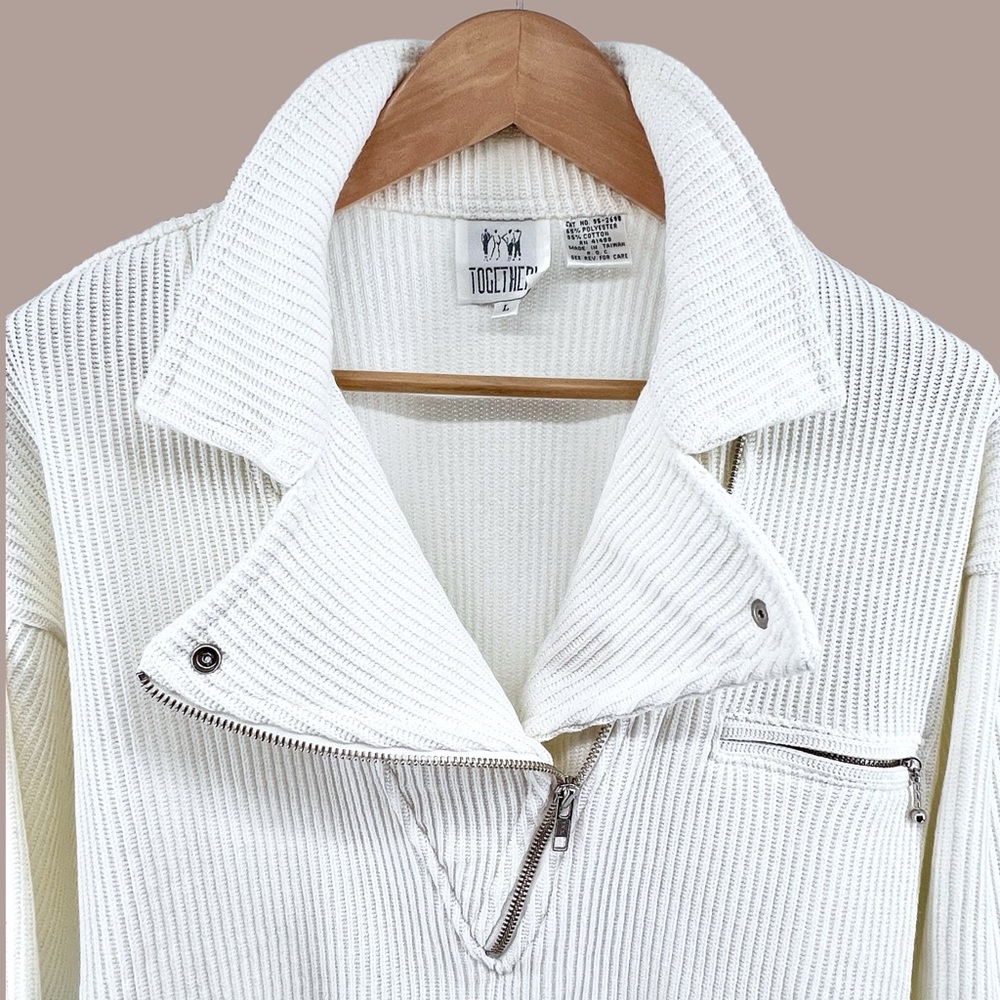 Vintage Together Ribbed Sweater Large Knit White Asymmetrical Zip Collared Moto - Picture 6 of 16